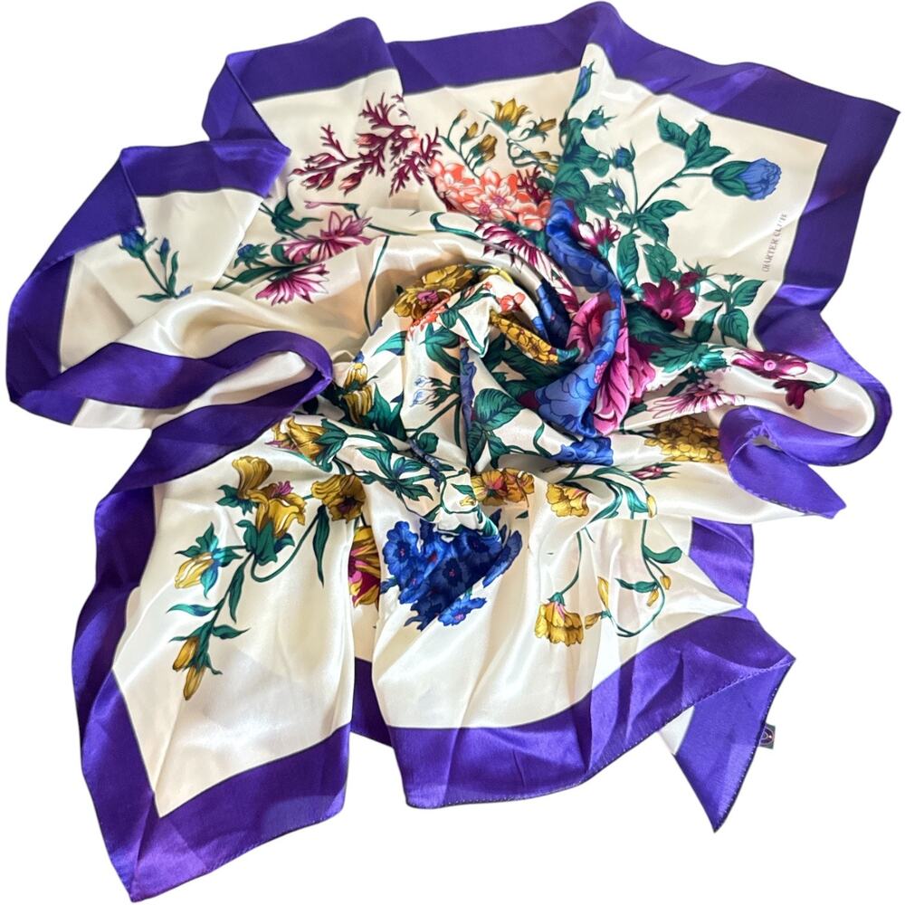 Charter Club 100% Silk Floral Scarf Purple Border Made in Japan 34” Square - Picture 3 of 6